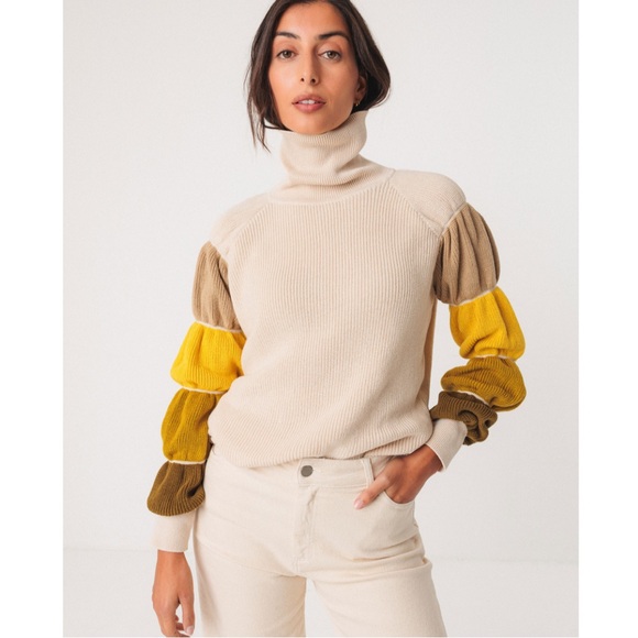 Skunkfunk Sweaters - NWT SKFK Eloritza Cream Cotton Turtleneck Sweater Multicolor Sleeves Size 6